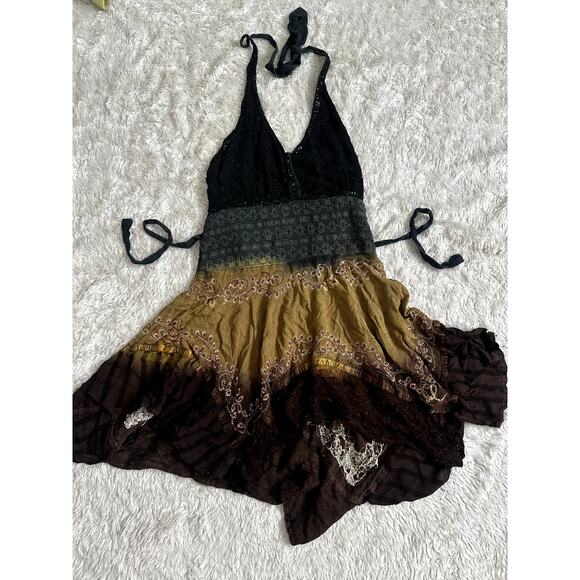 Fairy Fairycore Embroidered Handkerchief Smocked Bodice Halter Dress Mini Vneck - Picture 4 of 10